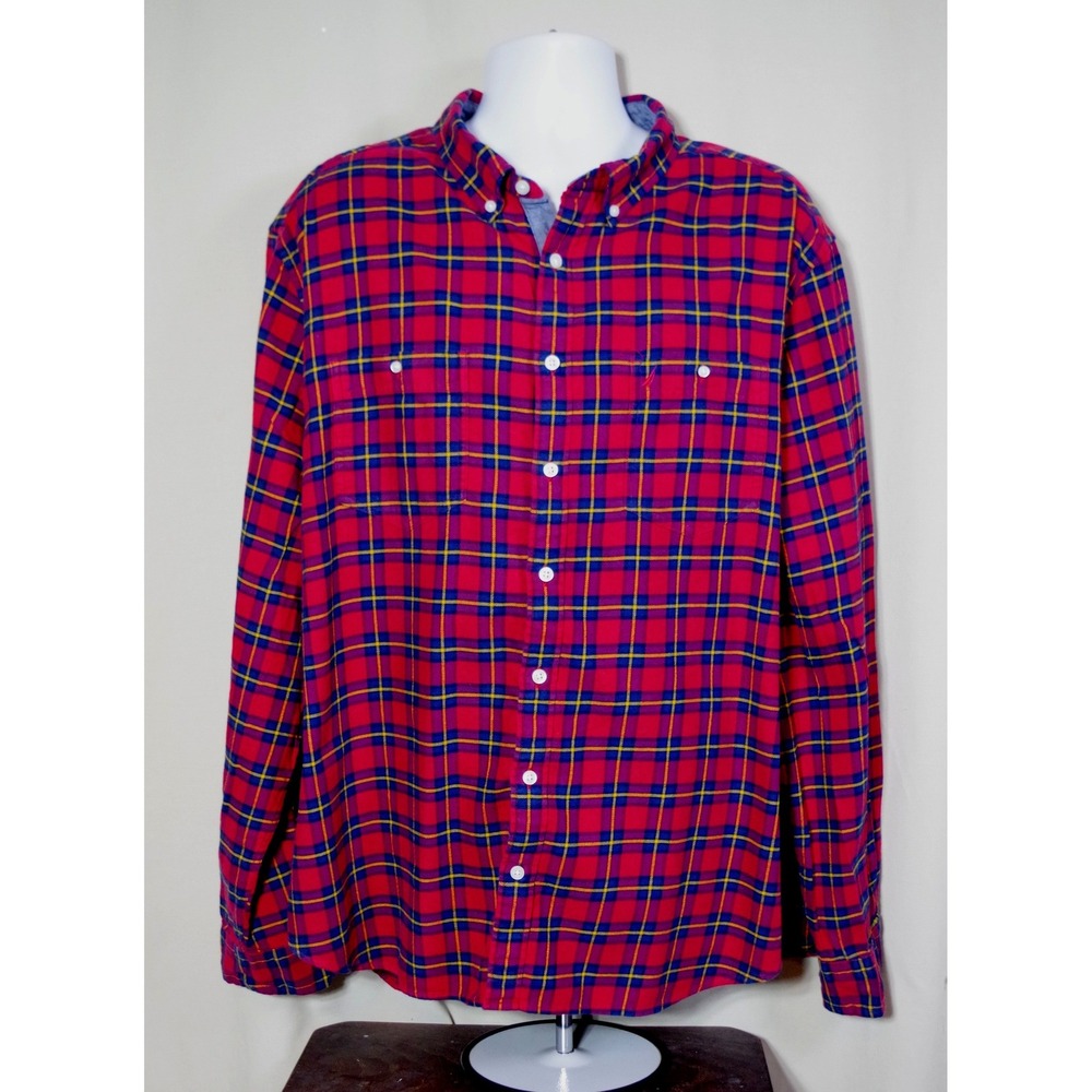 Nautica Mens 3XL Classic Fit Plaid Button Down Shirt Red Blue Yellow Cotton